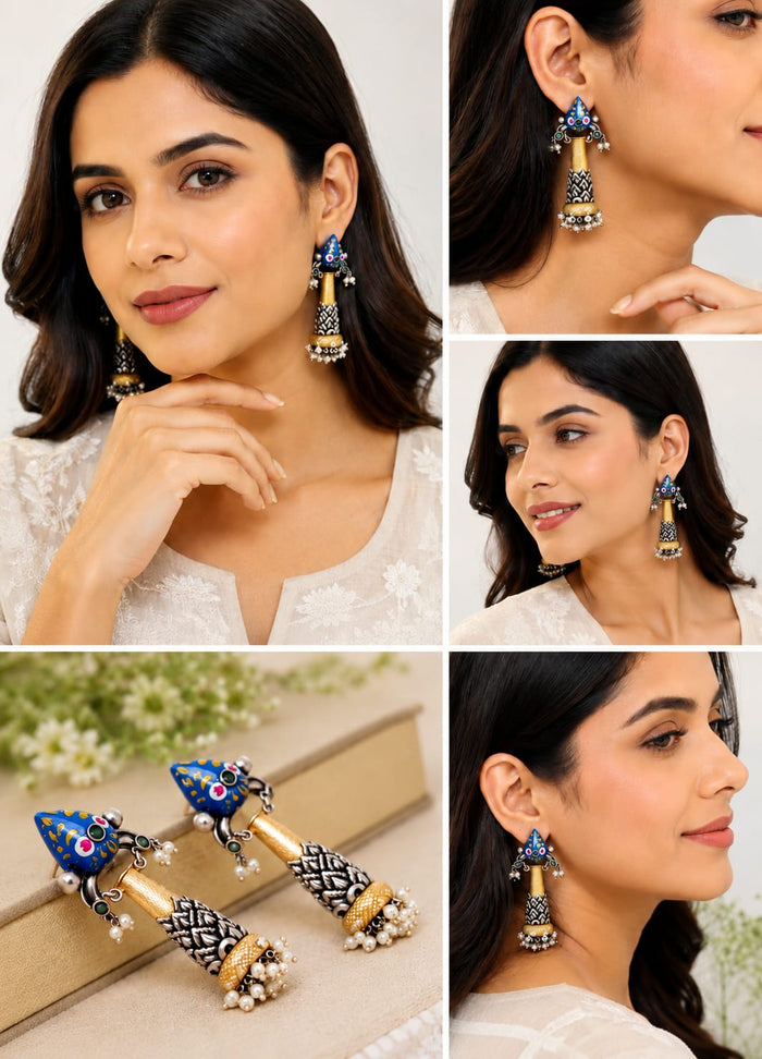 Dual Tone Tribal Long Dangler Earrings with Blue Enamel & Pearl Beads for Women