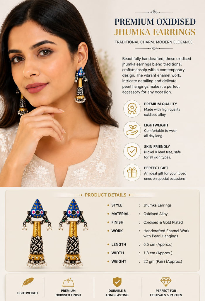 Dual Tone Tribal Long Dangler Earrings with Blue Enamel & Pearl Beads for Women