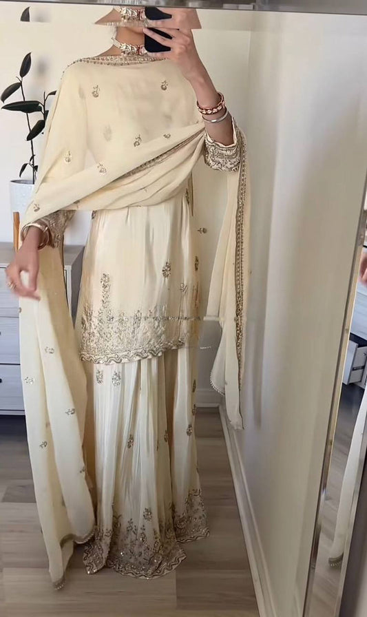 Elegant ivory embroidered ethnic sharara suit