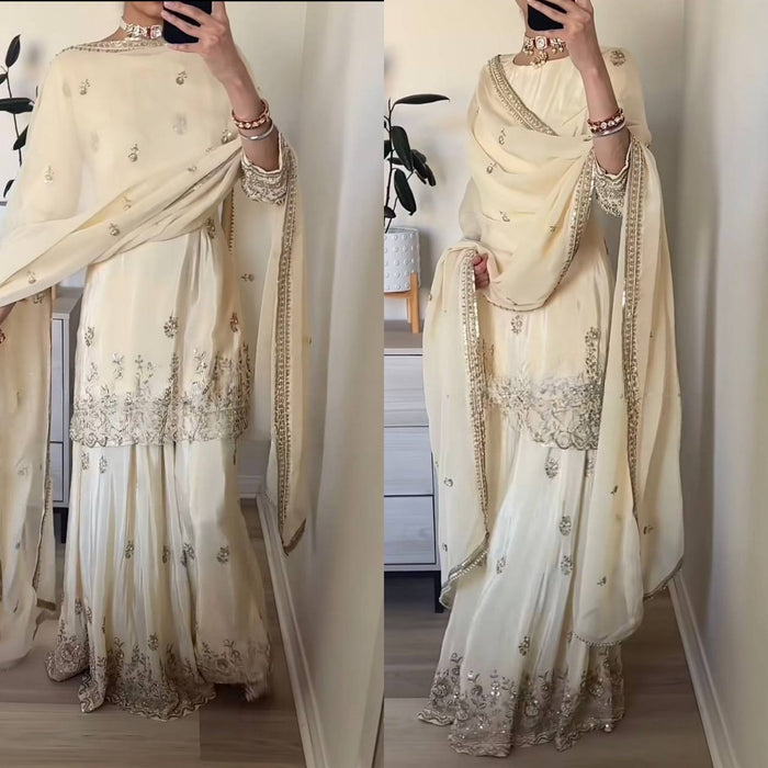 Elegant ivory embroidered ethnic sharara suit