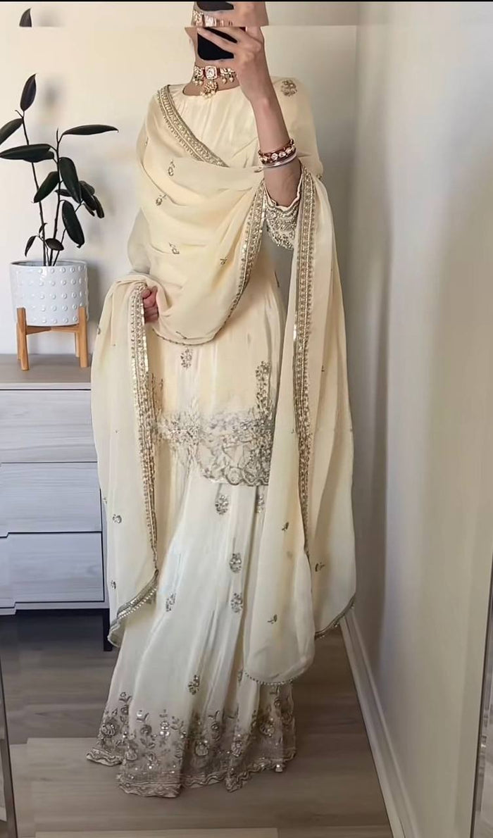 Elegant ivory embroidered ethnic sharara suit