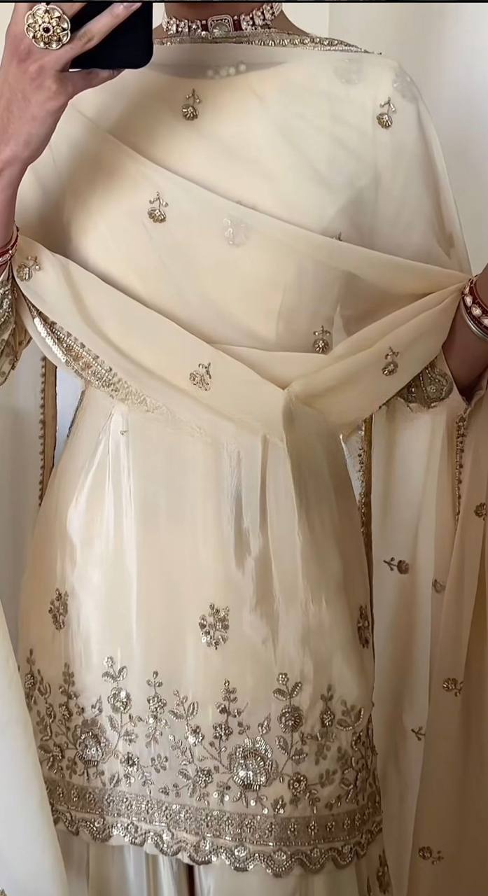 Elegant ivory embroidered ethnic sharara suit