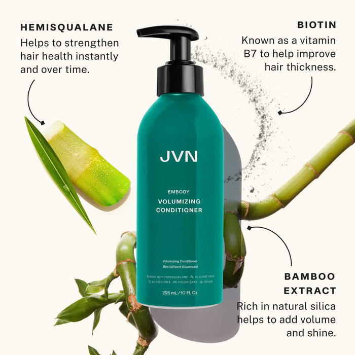 Teal conditioner bottle with bamboo and aloe vera, labeled 'JVN', on a white background.