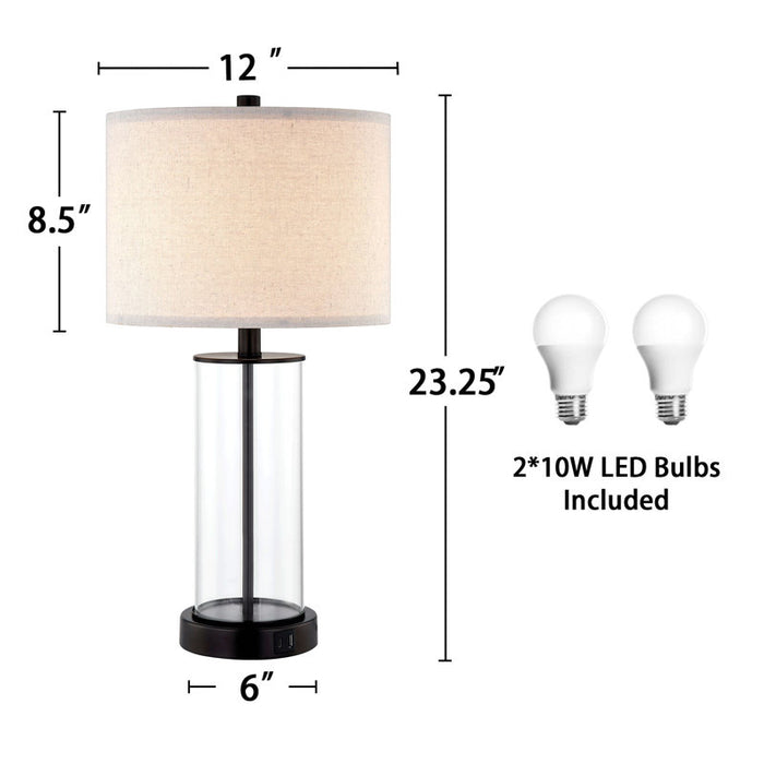 Ensemble lampe de table en verre Quinita 23" avec commande tactile, ampoules LED et ports USB