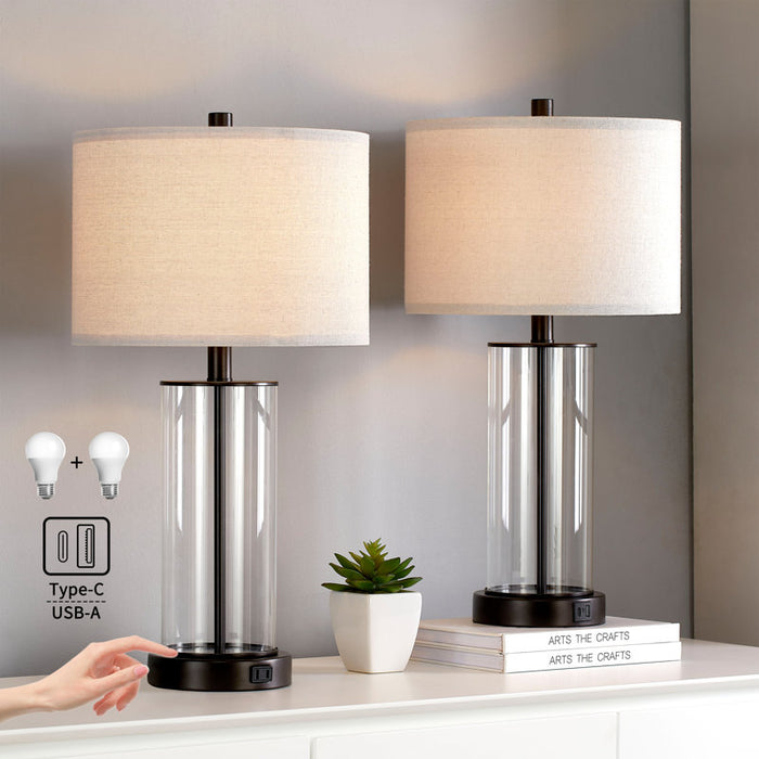 Ensemble lampe de table en verre Quinita 23" avec commande tactile, ampoules LED et ports USB