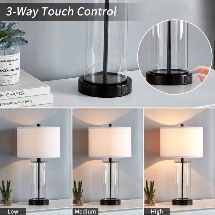 Ensemble lampe de table en verre Quinita 23" avec commande tactile, ampoules LED et ports USB