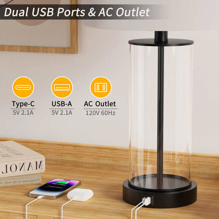 Ensemble lampe de table en verre Quinita 23" avec commande tactile, ampoules LED et ports USB