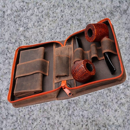 Eric Stokkebye: 4TH GENERATION LEATHER 3 PIPE COMBO POUCH - HUNTER BROWN