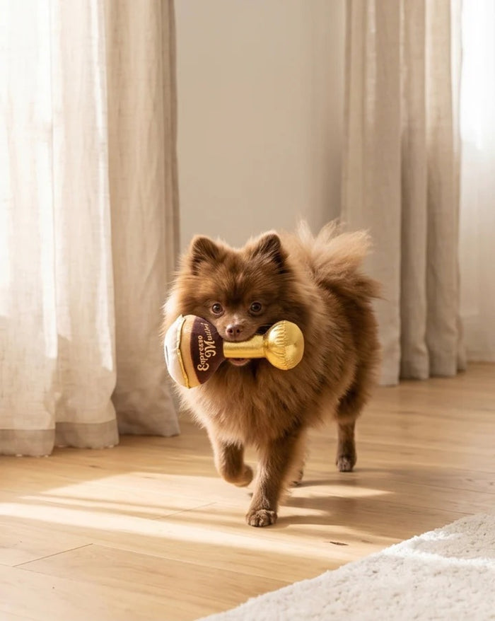 An espresso martini-shaped plush from HAUTE DIGGITY DOG, the ESPRESSO MUTTINI DOG TOY, rests on a marble table beside a coffee cup. This durable dog toy features gold, brown, and cream colors and displays “Espresso Mutini” on the side.
