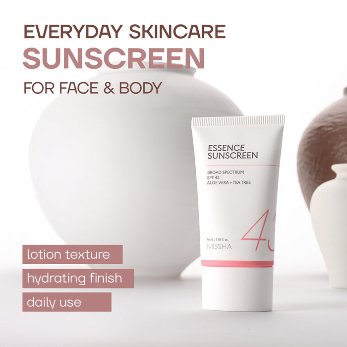 Tube of Missha Essence Sunscreen with text about everyday skincare sunscreen for face and body.