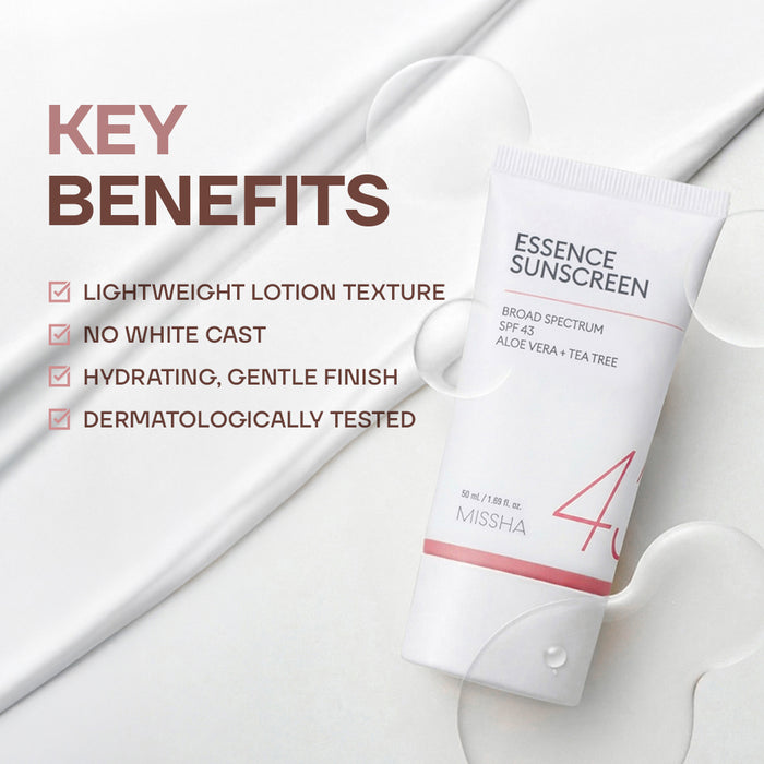 Tube of Missha Essence Sunscreen with key benefits listed on a white background