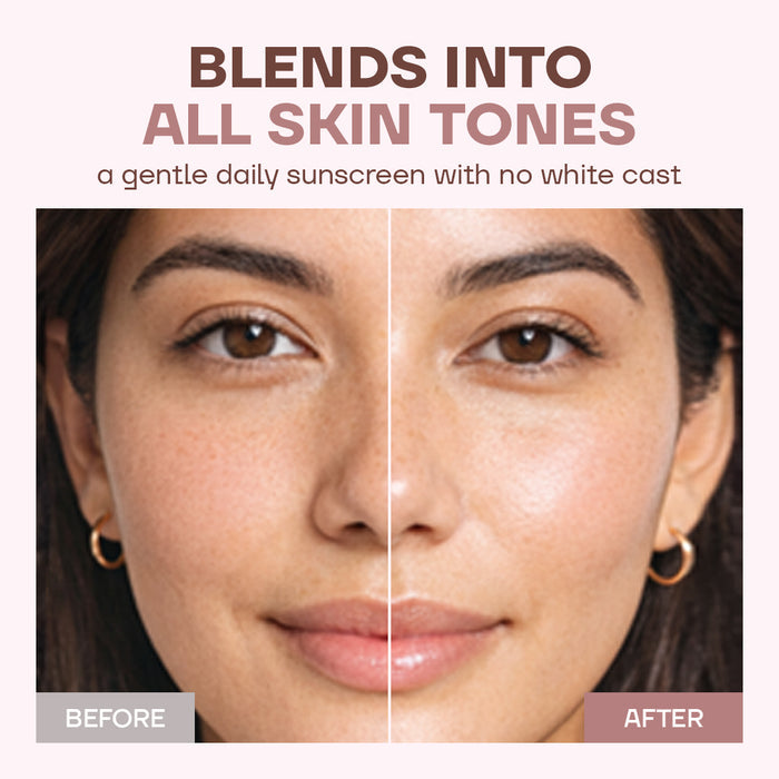 Before and after comparison of a gentle daily sunscreen application on skin with no white cast.