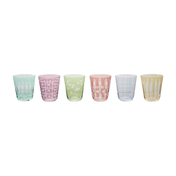 The CREATIVE COOP ETCHED GLASS WITH DESIGN, VARIOUS COLORS features six artisan pastel glasses, each with a unique etched pattern—ideal for those who love distinctive colored glassware.