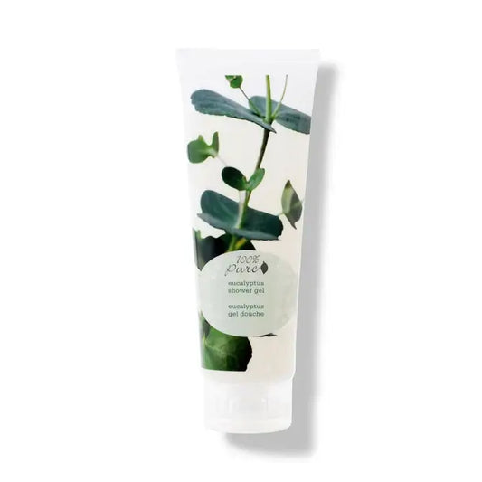 Eucalyptus Shower Gel - 100% Pure tube with eucalyptus leaves for a refreshing shower experience.