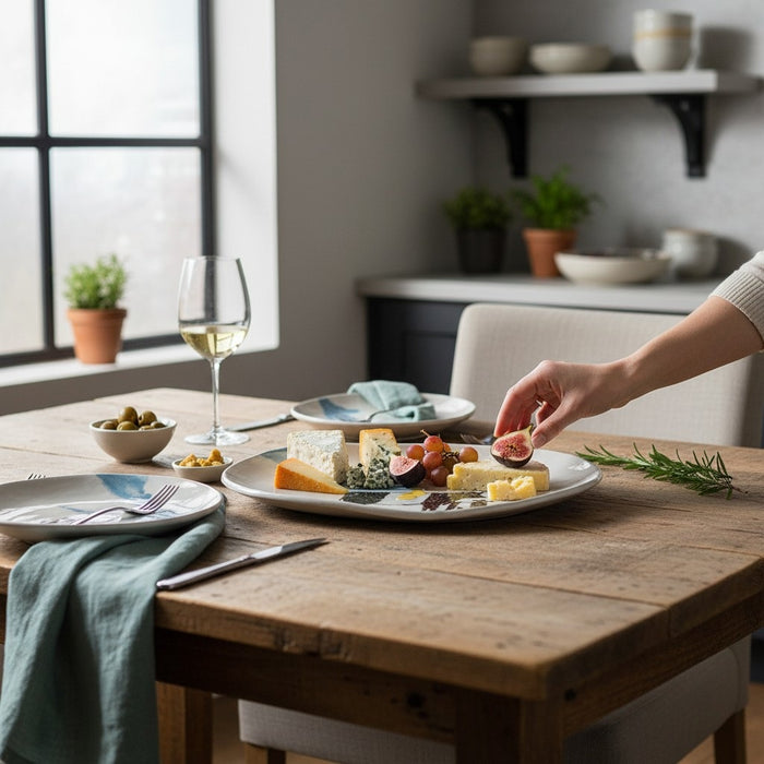 The FEARRINGTON SIGNATURE COLLECTION Beltie Oval Platter by VIETRI features black cow and calf silhouettes on green grass with blue clouds on a cream base, making it a charming gift inspired by Fearrington Village.