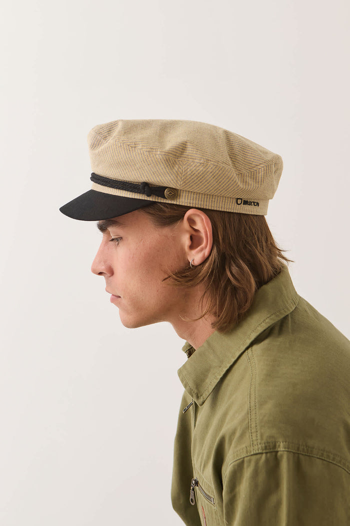 Women's Fiddler Fisherman Cap in the color Khaki Stripe/Washed Black - Men's Side View