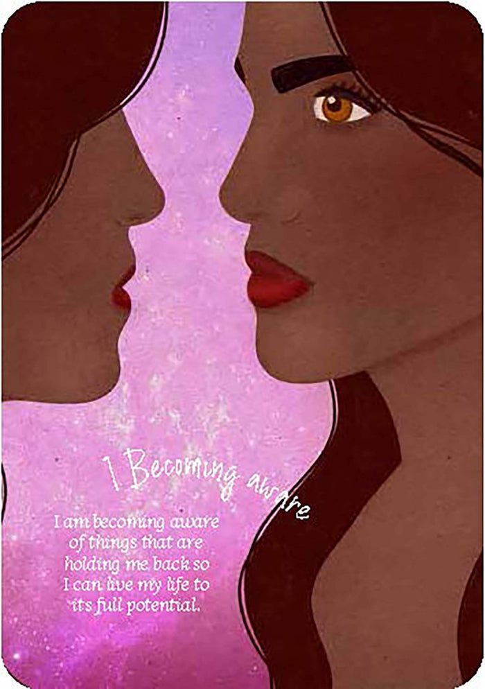 Illustration of two women facing each other with a pink and purple gradient background and text.