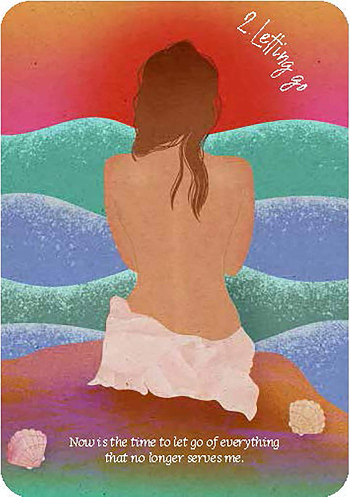 Silhouette of a person sitting on a rock with a colorful landscape and text about letting go.