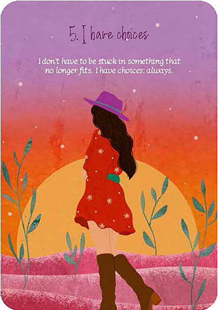 Card with a silhouette of a woman in a red dress and purple hat against a sunset background, with text about choices.