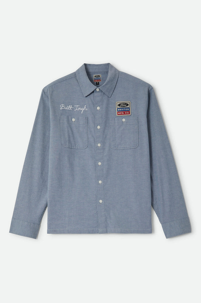 Men's Ford Service Dept Workshirt in the color Blue Chambray - Front Product View