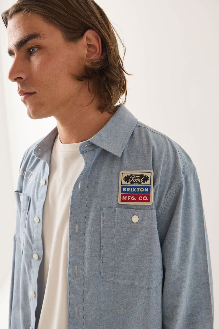 Men's Ford Service Dept Workshirt in the color Blue Chambray - Men's Side View