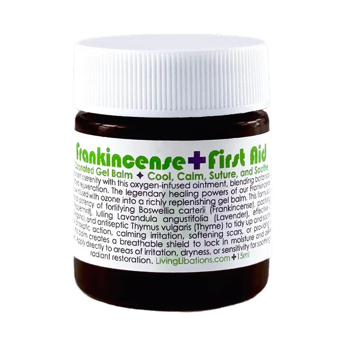 Jar of Frankincense + First Aid Gel Balm with white cap on a white background
