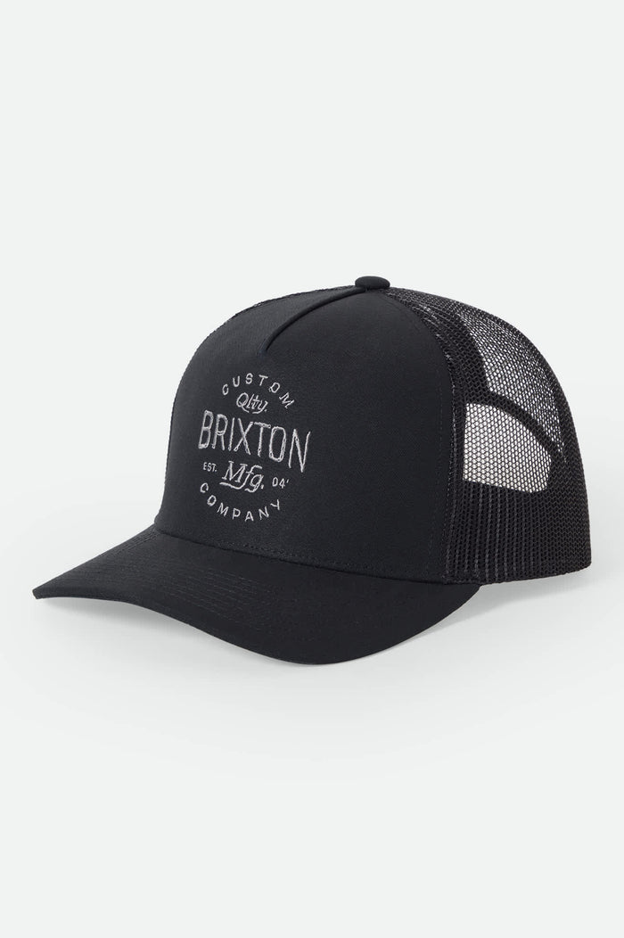 Unisex Fremont Netplus Trucker Hat in the color Black/Black - Front Product View
