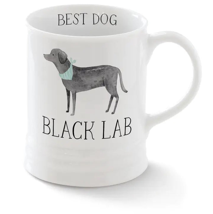 The PET SHOP BY FRINGE STUDIO Ceramic Black Lab Mug showcases a black lab in a blue scarf, with "BEST DOG" inside the rim and "BLACK LAB" beneath the image—a perfect gift for dog lovers.