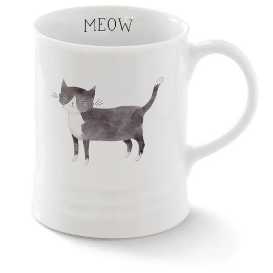 The PET SHOP BY FRINGE STUDIO FRINGE STUDIO - CERAMIC CAT MUG features a black and white kitty illustration with "MEOW" inside the rim. Dishwasher safe, it's perfect for daily use or gifting to cat lovers.