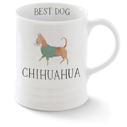 The FRINGE STUDIO - CERAMIC CHIHUAHUA MUG by PET SHOP BY FRINGE STUDIO features a chihuahua in a green sweater with "BEST DOG" and "CHIHUAHUA" text—ideal for any chihuahua lover.