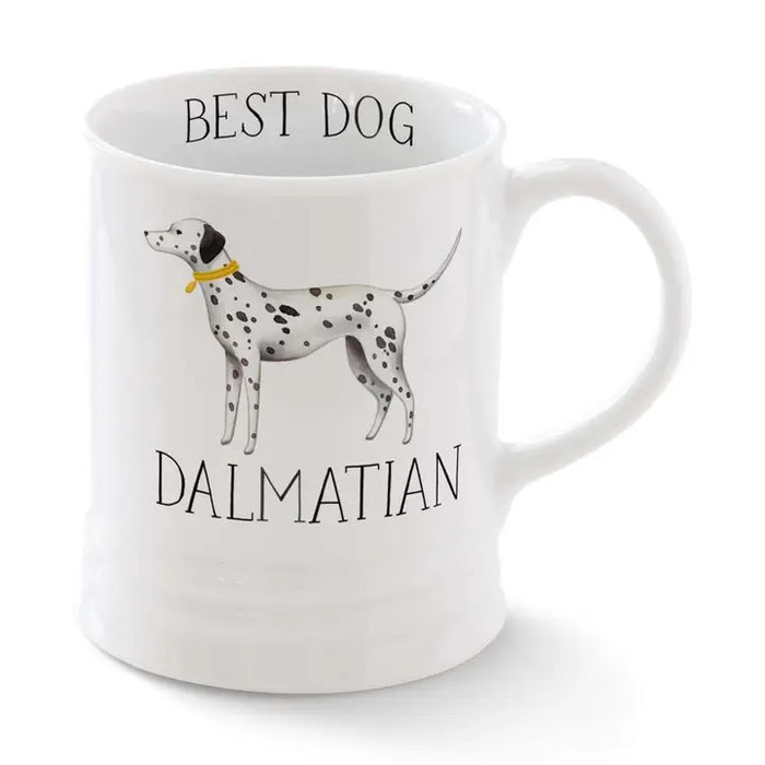 The FRINGE STUDIO - CERAMIC DALMATIAN MUG from PET SHOP BY FRINGE STUDIO features a playful Dalmatian with a yellow collar, "BEST DOG" above and "DALMATIAN" below—ideal for firehouse mugs or any dog lover’s collection.