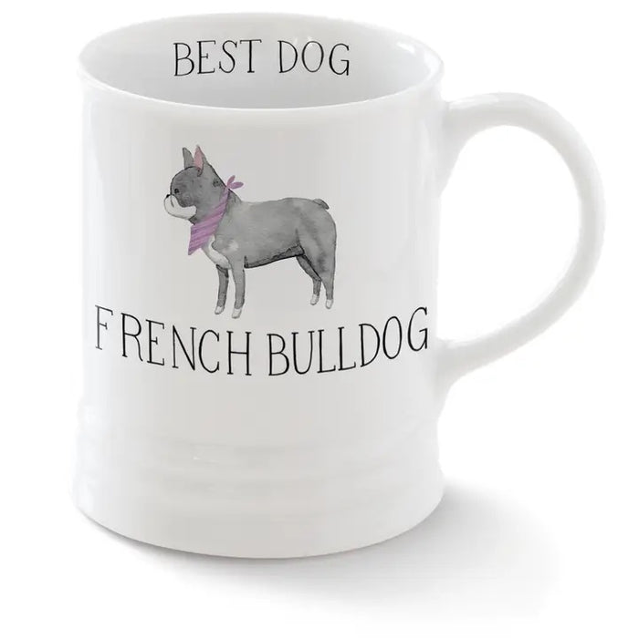 The PET SHOP BY FRINGE STUDIO's Ceramic French Bulldog Mug features a gray French bulldog in a purple scarf with “BEST DOG FRENCH BULLDOG” text. Dishwasher safe, it’s both stylish and practical for everyday use.
