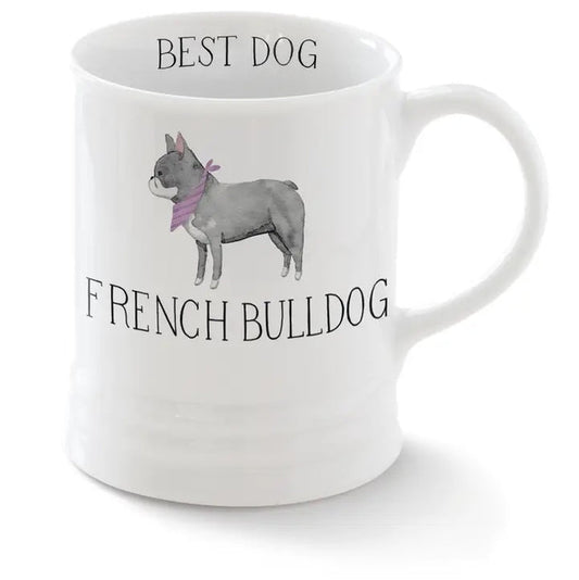 The PET SHOP BY FRINGE STUDIO's Ceramic French Bulldog Mug features a gray French bulldog in a purple scarf with “BEST DOG FRENCH BULLDOG” text. Dishwasher safe, it’s both stylish and practical for everyday use.