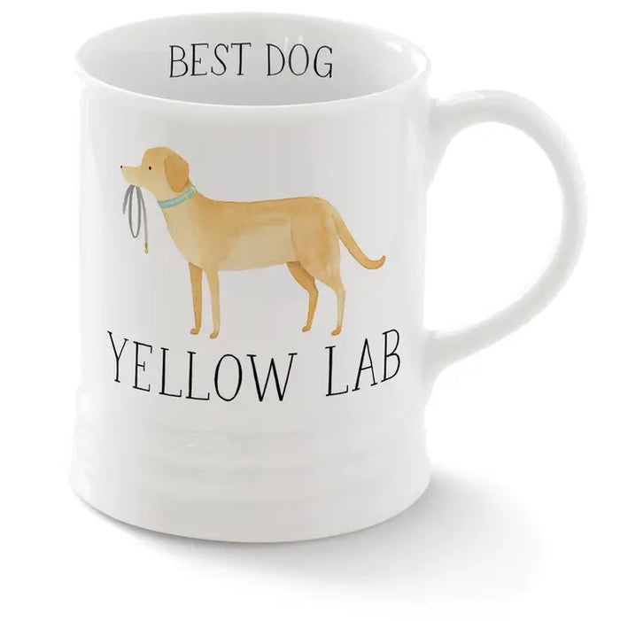 The PET SHOP BY FRINGE STUDIO "Ceramic Yellow Lab Mug" features a white ceramic design with a yellow Labrador Retriever illustration, blue collar, and leash in its mouth, plus "BEST DOG" at the top and "YELLOW LAB" at the bottom.
