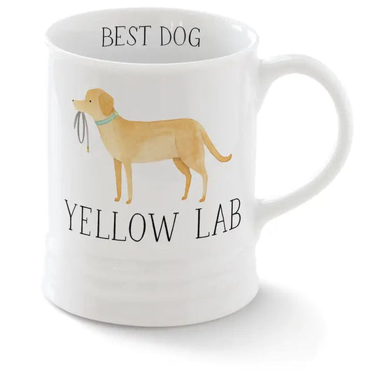 The PET SHOP BY FRINGE STUDIO "Ceramic Yellow Lab Mug" features a white ceramic design with a yellow Labrador Retriever illustration, blue collar, and leash in its mouth, plus "BEST DOG" at the top and "YELLOW LAB" at the bottom.