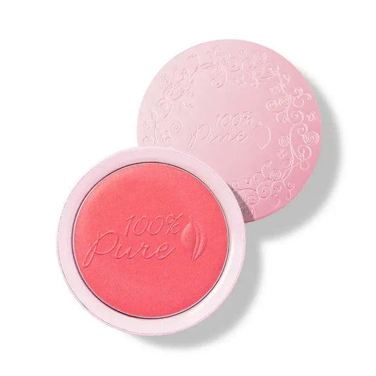 Pink blush compact with '100% Pure' branding on a white background