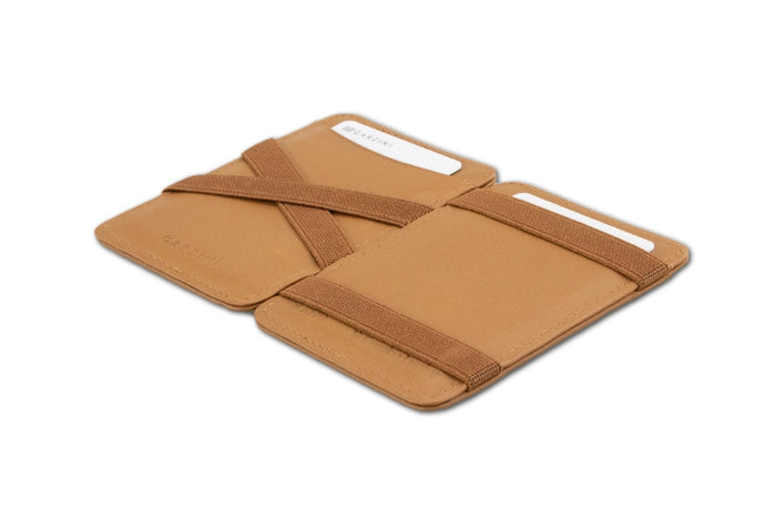 The GARZINI Magic Slim RFID-blocking leather wallet in cognac features visible stitching, card slots, and a small colorful fabric detail on the side, shown on a white background.