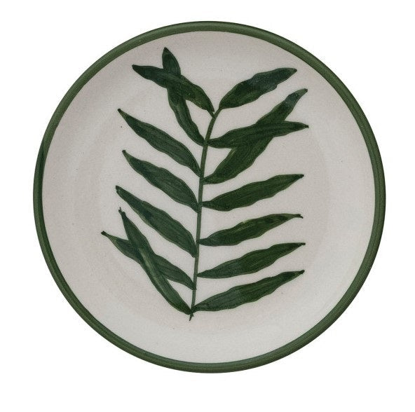 Set of four CREATIVE COOP HAND-PAINTED STONEWARE PLATES, each with a unique botanical design and green rim. Delicate green leaf patterns make every appetizer plate an artful addition to your table.