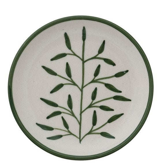 Set of four CREATIVE COOP HAND-PAINTED STONEWARE PLATES, each with a unique botanical design and green rim. Delicate green leaf patterns make every appetizer plate an artful addition to your table.