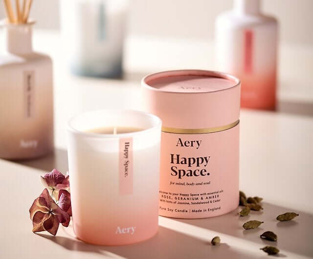 Happy Space Scented Candle - Rose Geranium and Amber - Aery Living