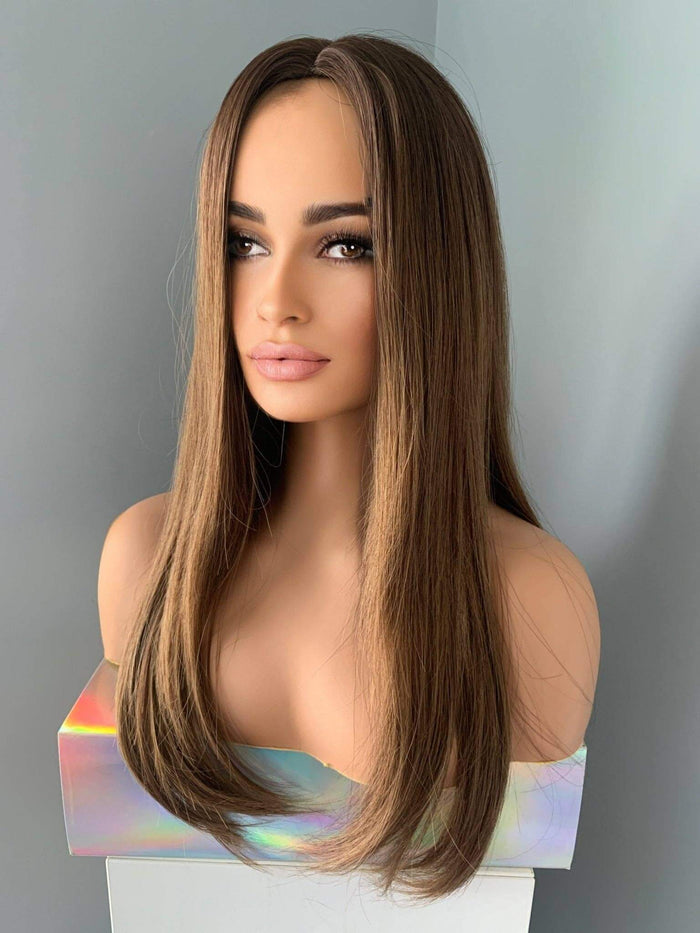 Holly Silky Straight Brown Wig displayed on a mannequin with ultra-long length and glossy finish.