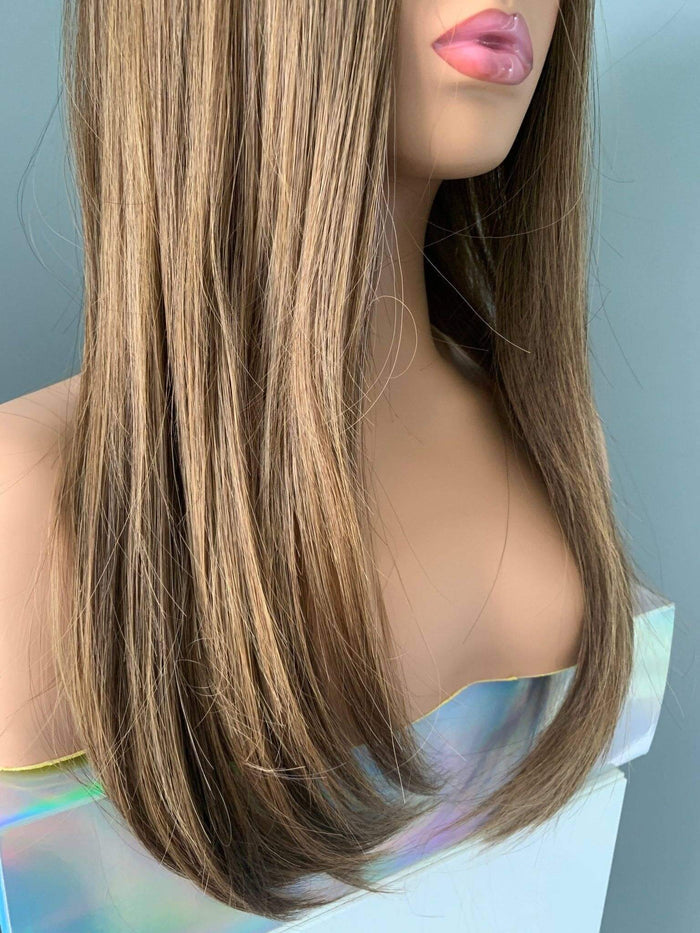 Holly Silky Straight Brown Wig by The Extension Room, showcasing sleek, glossy, ultra-long brown hair on a mannequin.