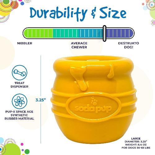 The HONEY POT DOG TREAT DISPENSER - YELLOW LARGE by SODA PUP is a durable yellow plastic container designed in the shape of a honey pot, featuring raised honey drips and a hexagon with a bee symbol on the front. This enrichment toy provides mental stimulation for dogs, making it an ideal treat dispenser for playtime.