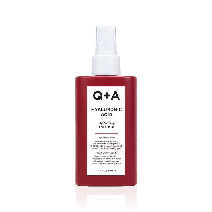Red bottle of Q+A Hyaluronic Acid Hydrating Face Mist on a white background