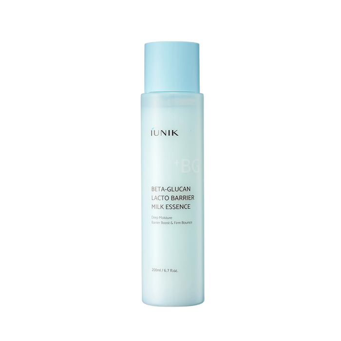IUNIK Beta-Glucan Lacto Barrier Milk Essence is a lightweight milky essence designed to deeply hydrate and support a healthy skin barrier. Formulated with 68% Lactobacillus Ferment Lysate and Beta-Glucan, it helps strengthen and nourish the skin while improving elasticity. Seven types of Peptides and EGF support skin renewal and firmness, while Bakuchiol helps promote a smoother, more resilient complexion. With Panthenol and Glyceryl Glucoside, this essence provides lasting hydration and leaves