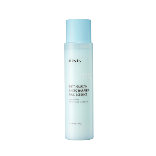IUNIK Beta-Glucan Lacto Barrier Milk Essence is a lightweight milky essence designed to deeply hydrate and support a healthy skin barrier. Formulated with 68% Lactobacillus Ferment Lysate and Beta-Glucan, it helps strengthen and nourish the skin while improving elasticity. Seven types of Peptides and EGF support skin renewal and firmness, while Bakuchiol helps promote a smoother, more resilient complexion. With Panthenol and Glyceryl Glucoside, this essence provides lasting hydration and leaves