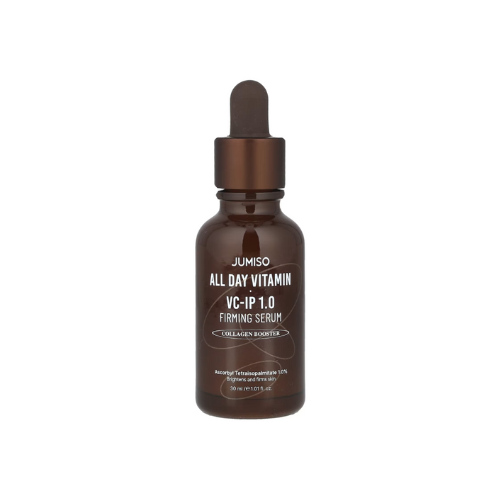 JUMISO All Day Vitamin VC-IP 1.0 Firming Serum delivers a radiant, youthful glow with a powerful blend of Ascorbyl Tetraisopalmitate (Vitamin C derivative), Tocopherol (Vitamin E), and Bakuchiol. This lightweight serum brightens skin tone, improves firmness, and reduces signs of aging while Niacinamide enhances clarity and balances oil production. Enriched with Centella Asiatica Oil and Sodium Hyaluronate, it soothes and hydrates, leaving your skin plump and revitalized. Perfect for daily use to