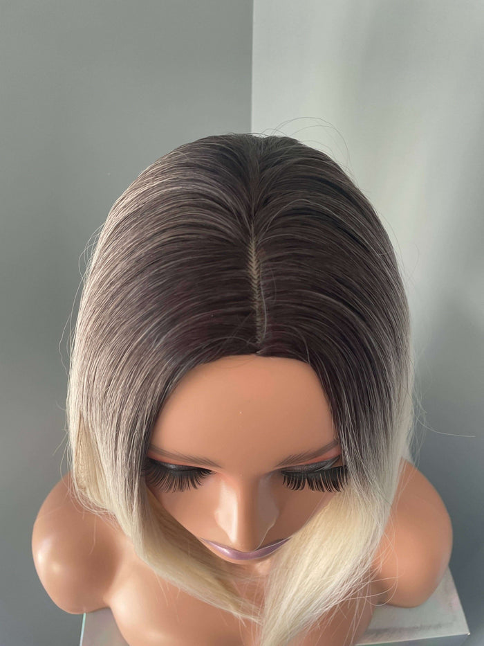 Top view of Katya Short Blonde Rooted Synthetic Bob Wig showcasing the sleek bob and ombre blend design.