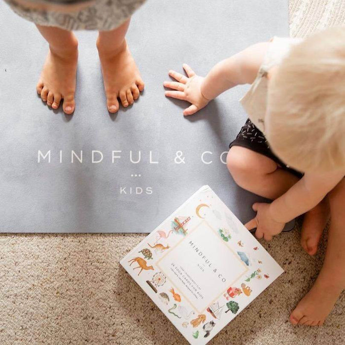 Children interacting with a 'Mindful & Co' kids book on a carpeted floor.