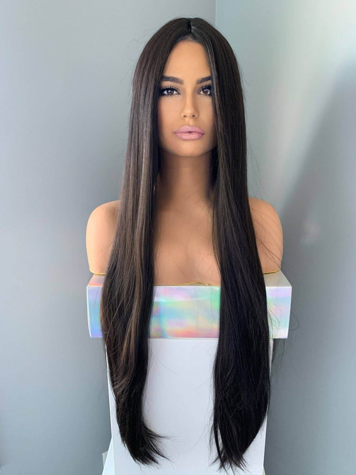 Kim Long Black Silky Straight Partial Lace Front Wig displayed on a mannequin, showcasing 34-inch length and sleek style.
